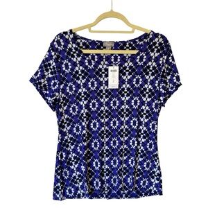 Chicos Travelers NWT Acetate top 2 Medium Blue tie dye Womens short sleeve tee